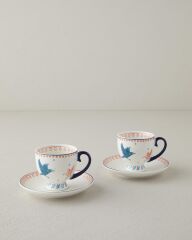 English Home Carnaval Birds New Bone China Kahve Fincan Takımı 4 Parça 2 Kişilik Mavi